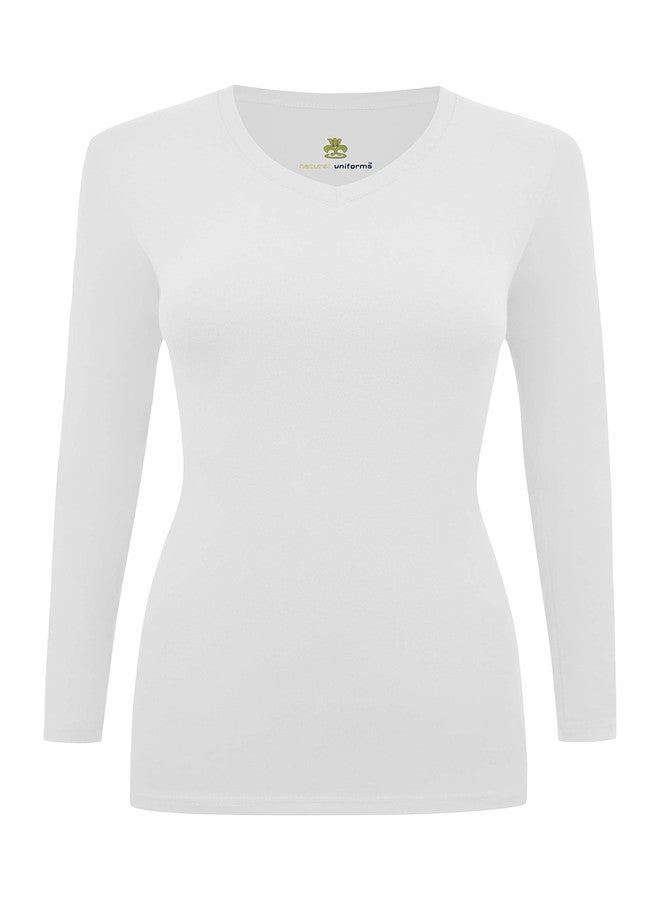 Natural Uniforms Women's Long Sleeve V-Neck T-Shirt Under Scrub (White, Medium) - Image 1